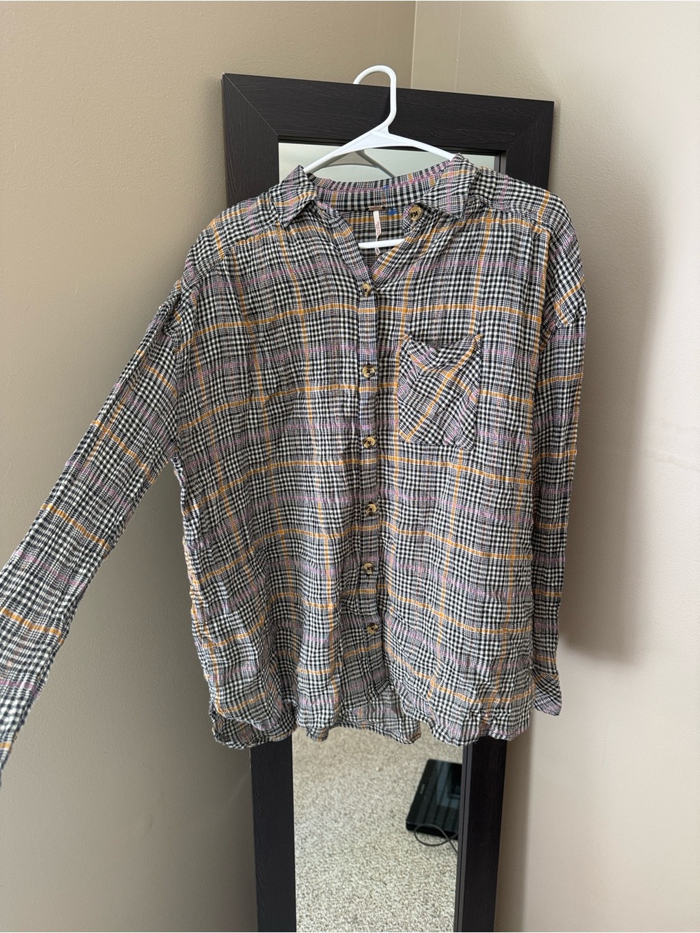 Free People Plaid Button-Down Shirt in Black, Yellow & Pink